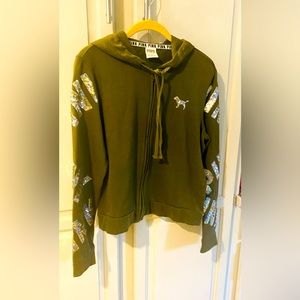 Pink: olive green sweater